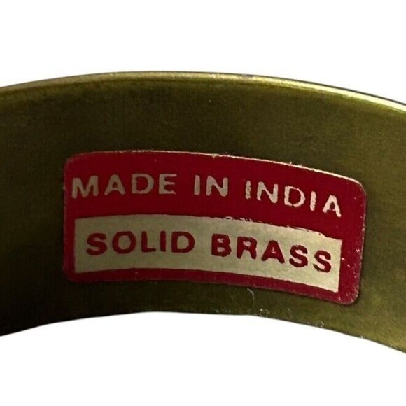 Vintage Brass Bangle Bracelet Etched Elephant  Tiger Green Enamel Made In India‎ - Picture 8 of 14